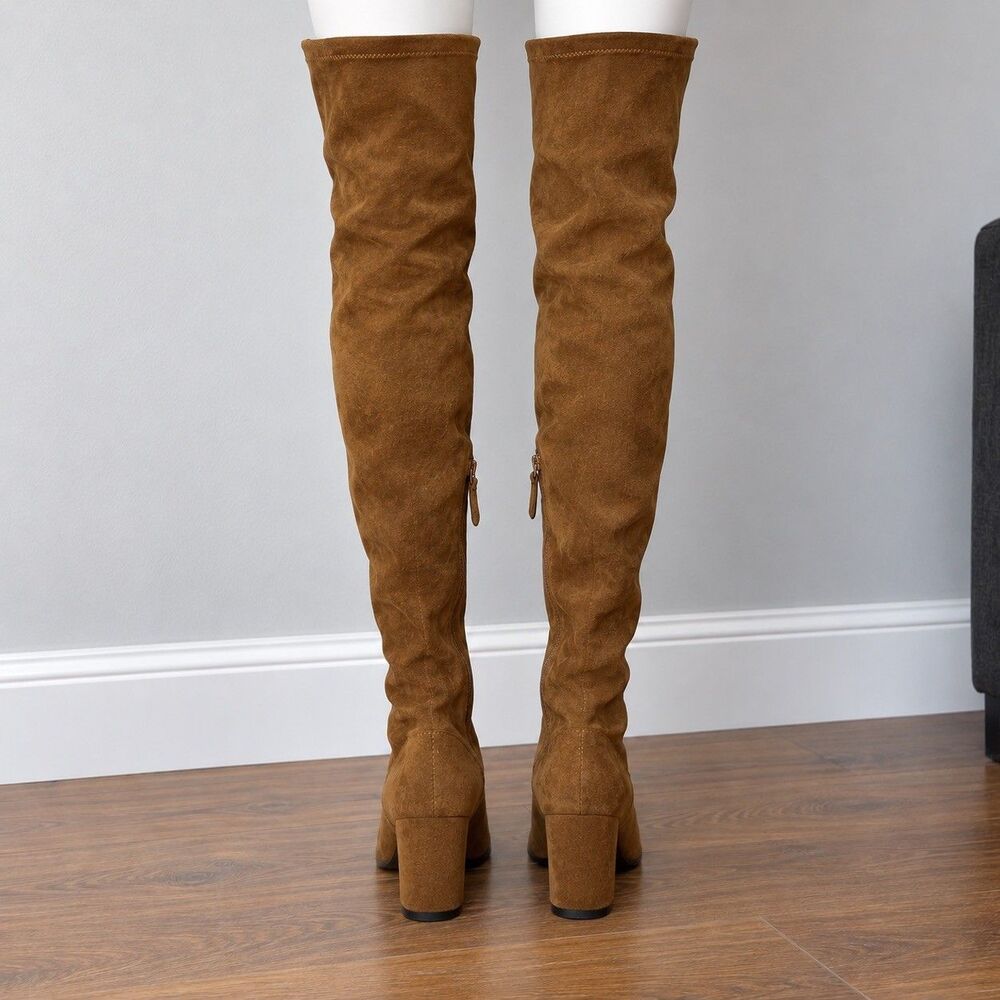 Goodnight Macaroon Marlo Tan Suede Over The Knee Boots Block Heel Size 7.5 NWOT - Picture 3 of 9
